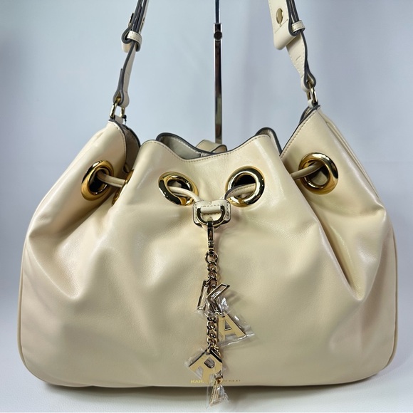NWT Karl Lagerfeld Cream Large Leather Shoulder Crossbody Drawstring Bag - Picture 1 of 16